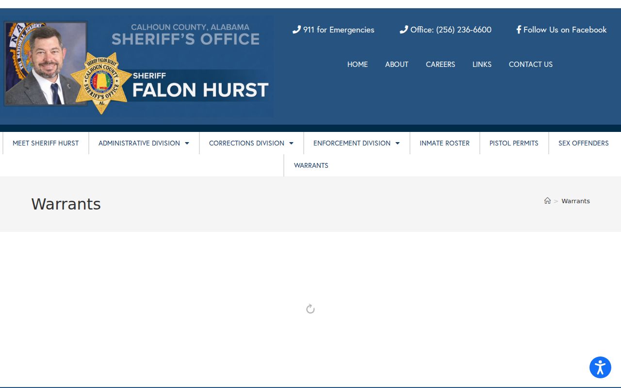 Calhoun County warrant lookup table search controls and column headings