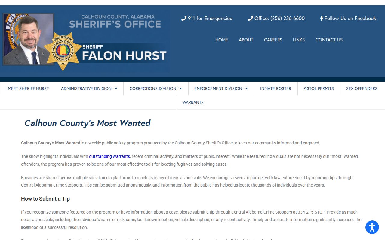 Calhoun County Most Wanted weekly program and anonymous tip safety banner