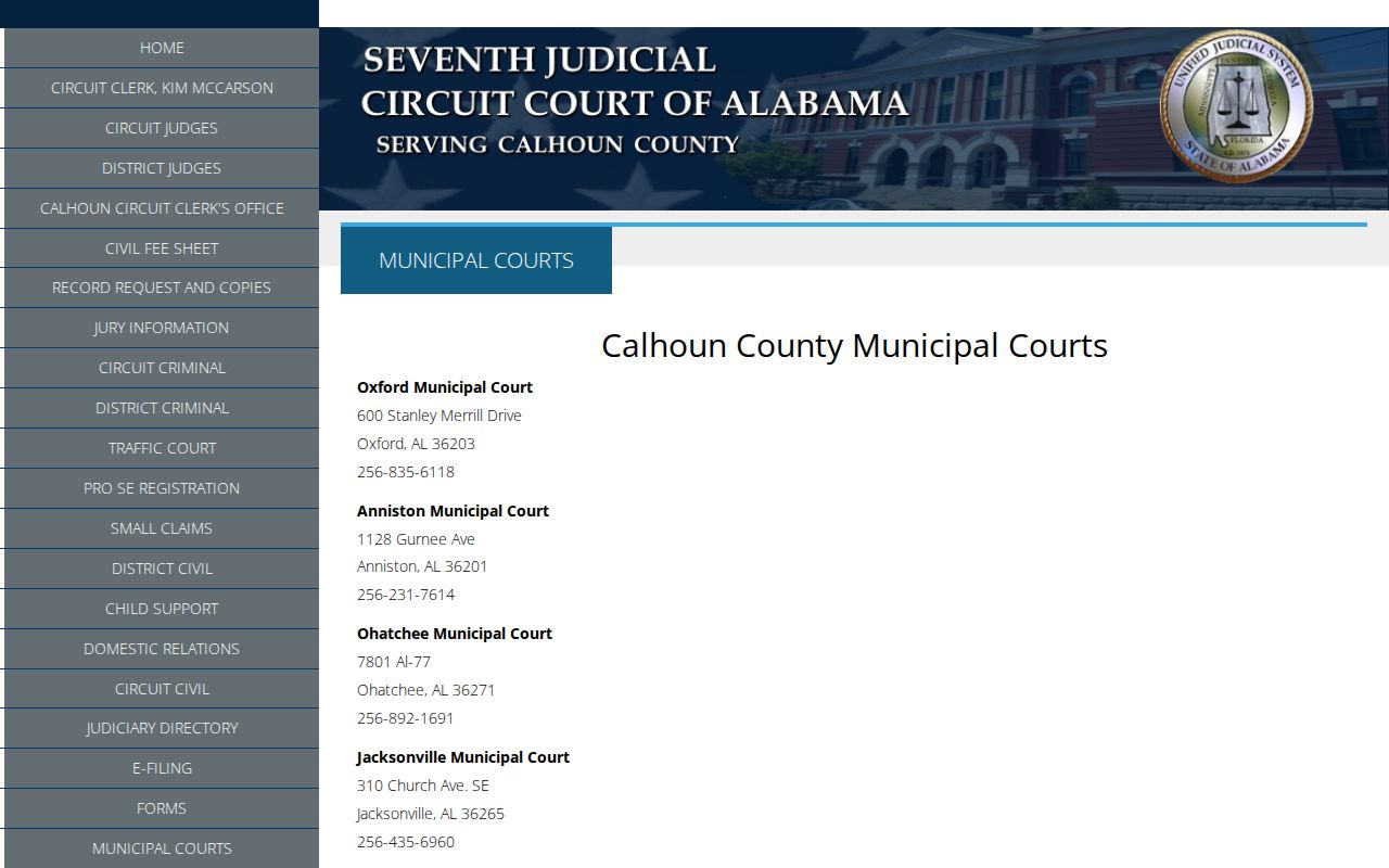 Official directory for Calhoun County municipal warrant courts