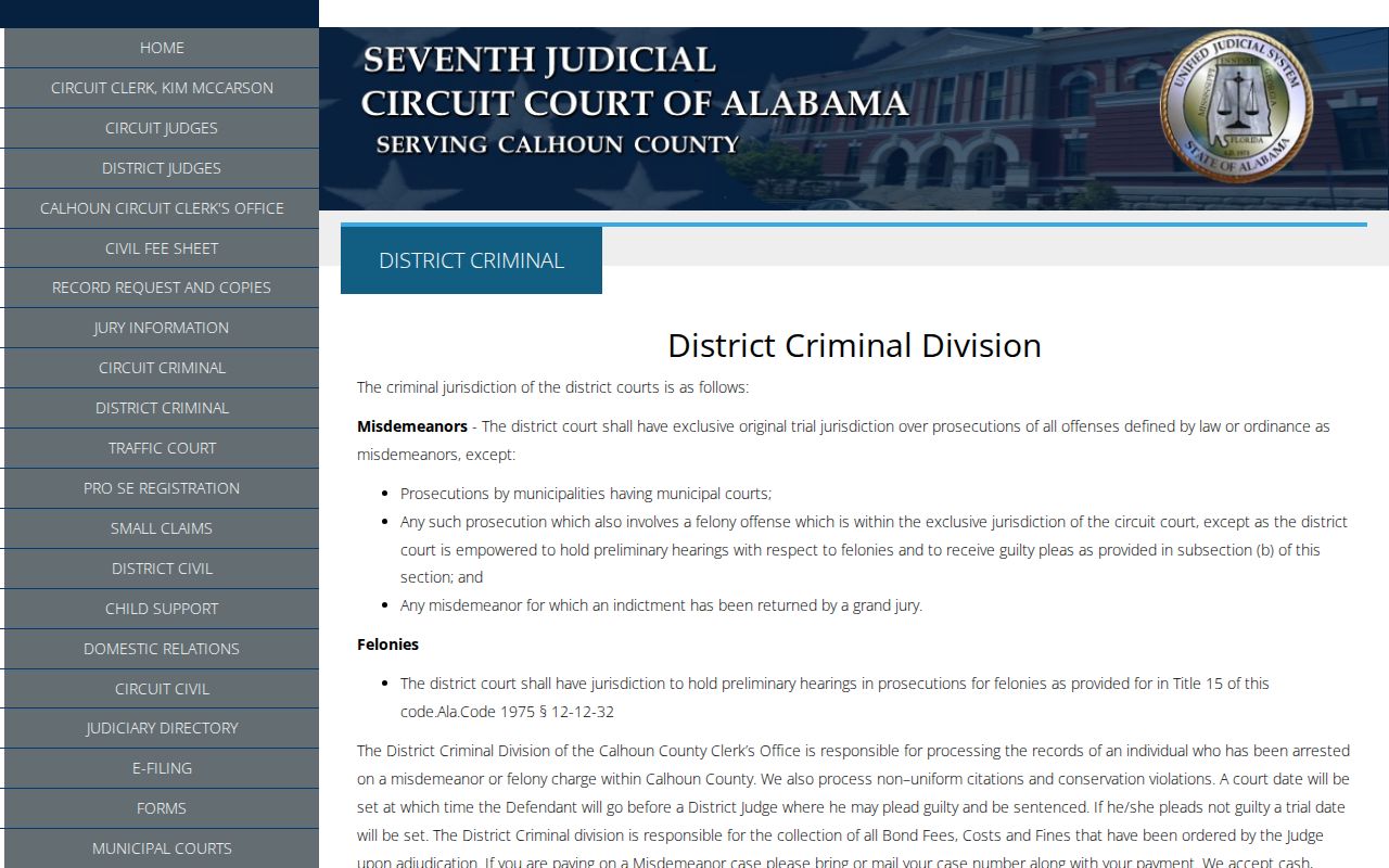 Calhoun County District Court traffic warrant and criminal case channel